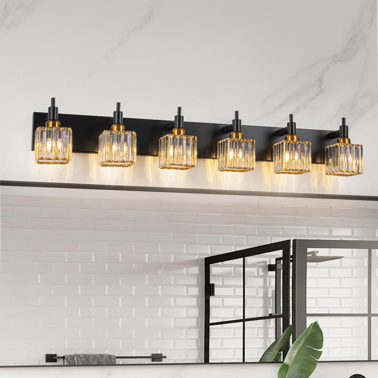 Photo 1 of (PARTIAL SET) (UNTESTED) HUOKU 6-Lights Crystal Bathroom Vanity Light Black Gold Modern Bathroom Lighting Fixtures Over Mirror, Wall Light Fixtures