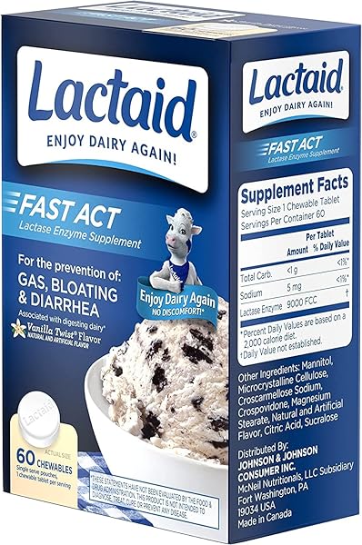 LACTAID FAST ACT LACTOSE INTOLERANCE RELIEF CHEWABLES WITH NATURAL LACTASE ENZYME TO PREVENT GAS, BLOATING & DIARRHEA DUE TO LACTOSE SENSITIVITY, ON-THE-GO, VANILLA TWIST FLAVOR, 60 X 1 CT