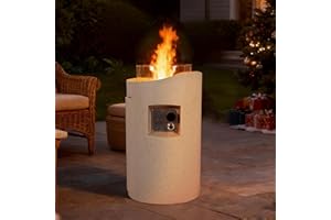 NAGA BAHNA Outdoor Cylinder Propane Fire Pit Table – Premium Terrazzo-Like MgO Finish, Sturdy & Waterproof Gas Fire Table with Glass Wind Guard for Patio, Garden & Backyard, Includes Rain Cover & Glass Bead