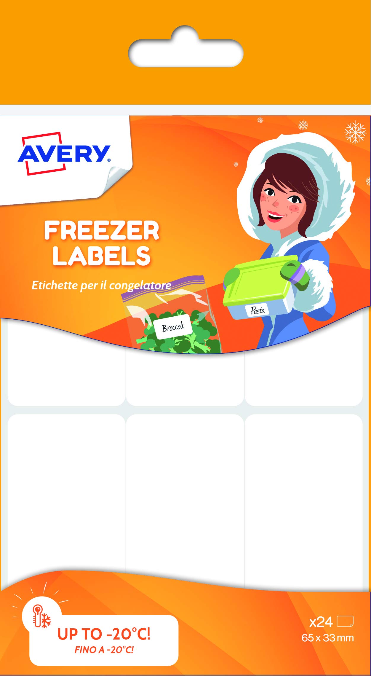 Avery Freezer Labels – 24 Pack, 63.5 x 33 mm – White Self-Adhesive Labels – Low Temperature Resistant to -20°C – Ideal for Plastic Boxes, Frozen Bags & Food Storage (CONG24.UK)