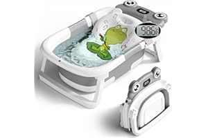 BUNWAG Baby Bathtub, Collapsible Newborn Bathtub for Infant to Toddler 0-24 Months with Soft Cushion and Thermometer,Portable Travel Newborn Tub with No-Slip Feet, Baby Shower Gifts,Grey
