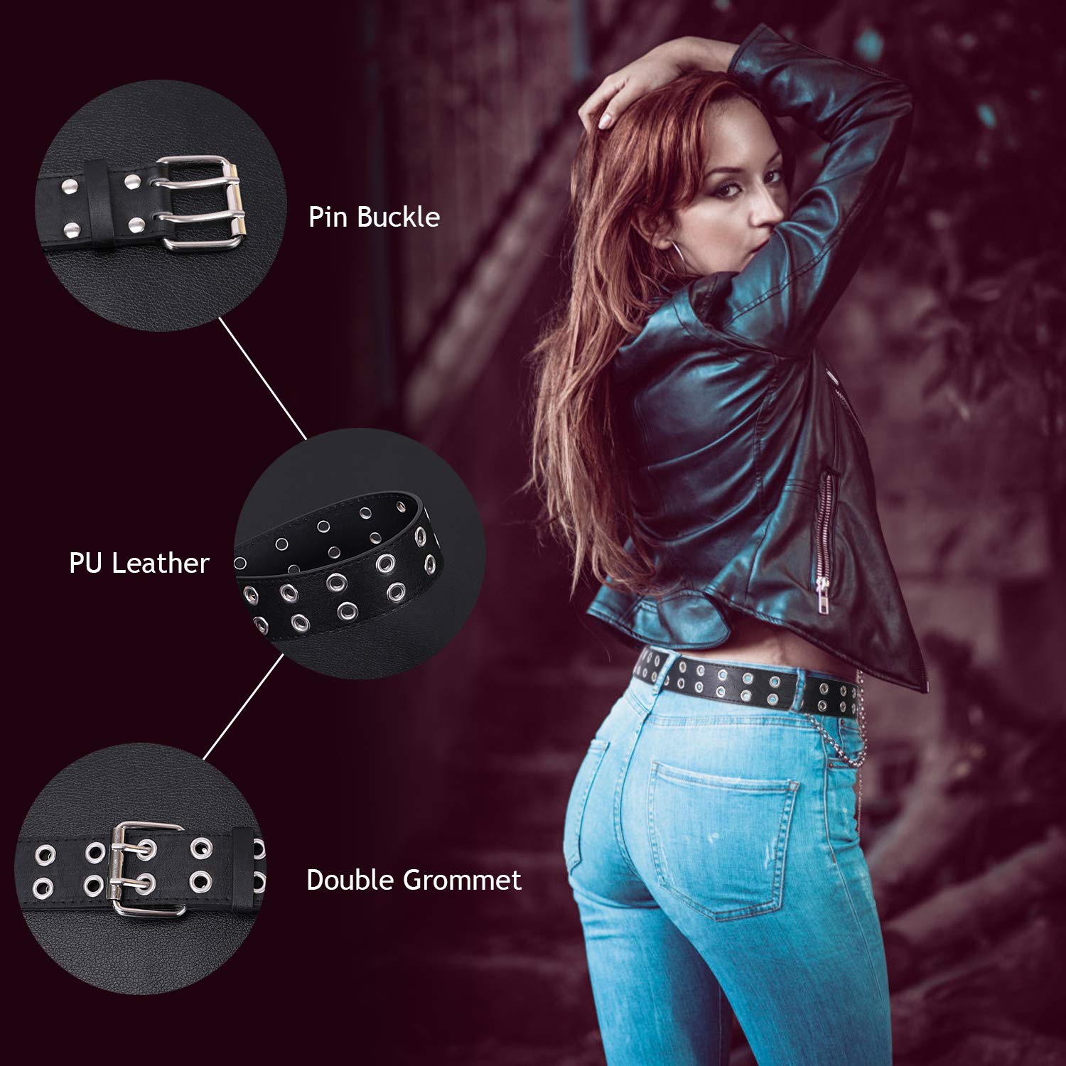 XZQTIVE Doppelte Tülle PU Ledergürtel für Frauen/Männer Punk Metall Jean Gürtel Breite 1,5 Zoll