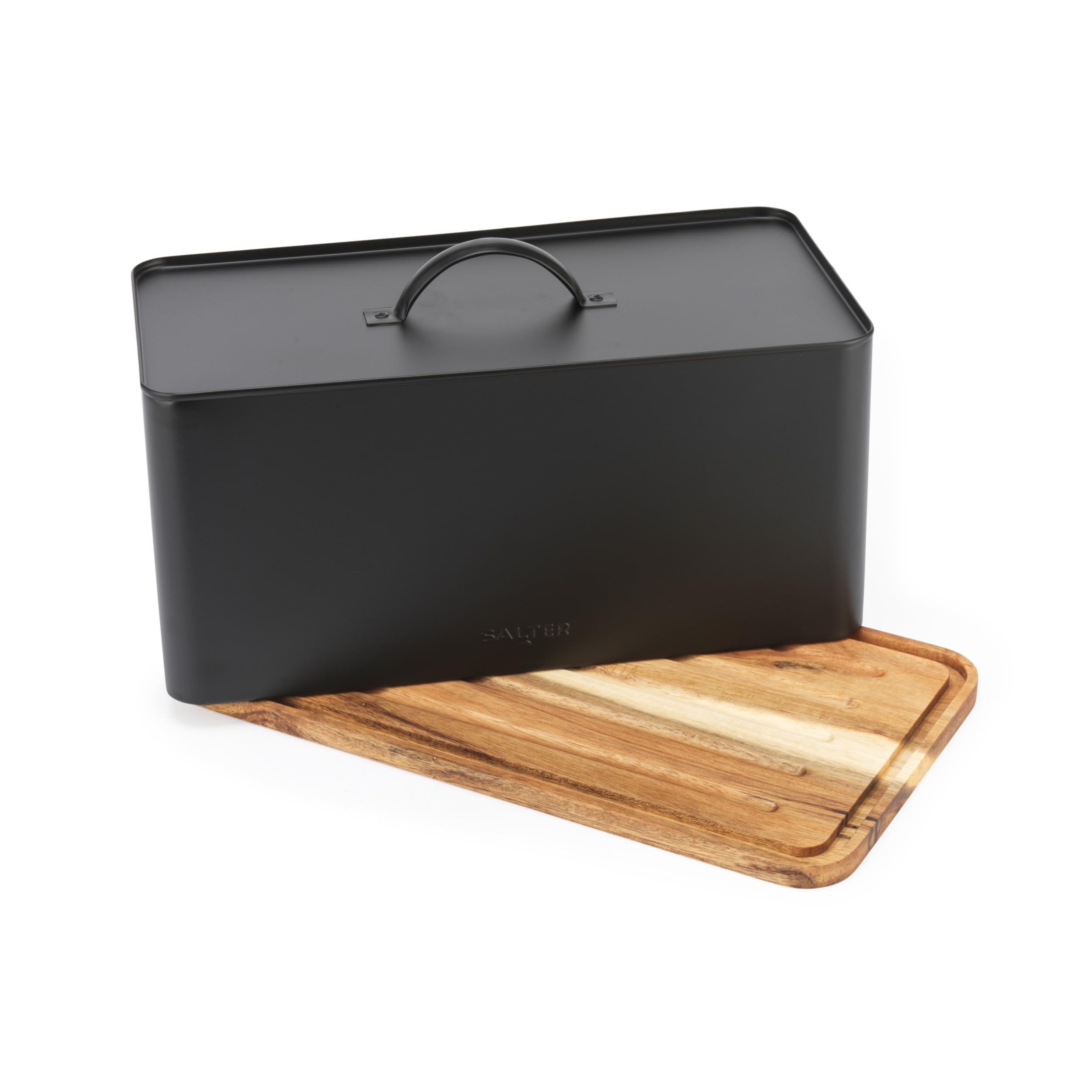 Salter BW13564EU7 Toronto Bread Bin With Chopping Board – Countertop Storage Box With Wooden Base for Cutting & Serving, Rectangular Bread Holder Container for Kitchen, Easy To Clean, Acacia, Black