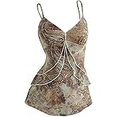 Verdusa Women's Y2k Mesh Tank Top Babydoll Floral Camisole 2000s Clothing Ruffle Going Out Tops