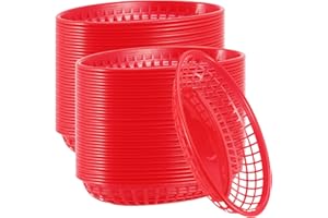 MUKCHAP 60 Pack Red Plastic Fast Food Serving Baskets, 9 x 5.6 x 1.5 Inch Oval Restaurant Serving Baskets for Bread, Fried Ch