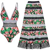 FLAXMAKER Women One Piece Deep V Neck Grapes Print Padded Swimsuit Two Piece Swimwear Bathing Suits