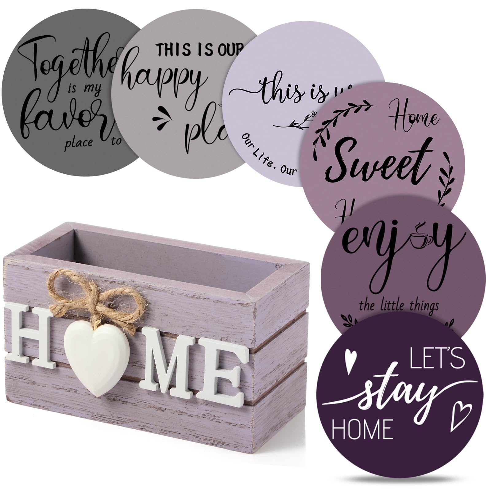 Queekay Coasters Set of 6 House Warming Gifts New Home Wooden Farmhouse Drink Coasters with Holder 4'' Funny Decoration for Kitchen Family Coffee Bar Tabletop Protection(Purple)