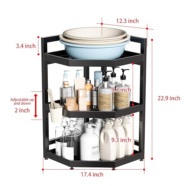 SERXIS 3 TIER STANDING CORNER SHOWER CADDY,WATERPROOF AND RUST PROOF,ADJUSTABLE HEIGHT,MULTI-FUNCTIONAL TIERED STORAGE FOR SHOWER GEL,SHAMPOO,COSMETICS,KITCHEN SUPPLIES,BLACK