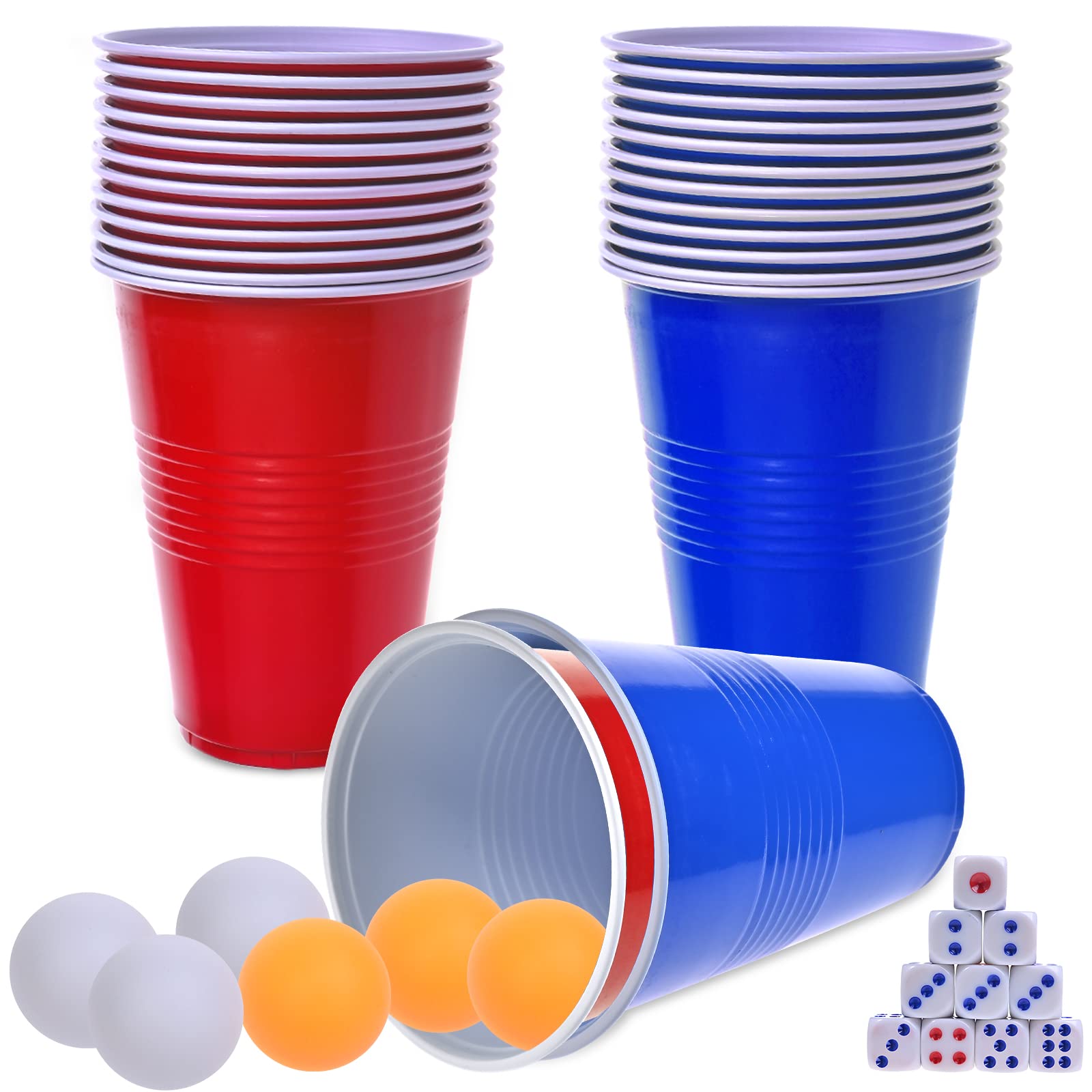 Faburo Beer Pong Set, Drinking Games for Adults, Beer Pong Game Set 16oz Blue & Red Plastic Beer Pong Cups and Balls for American Party Games,Birthday Parties and Office(30 Cups,6 Balls, 10 Dice)
