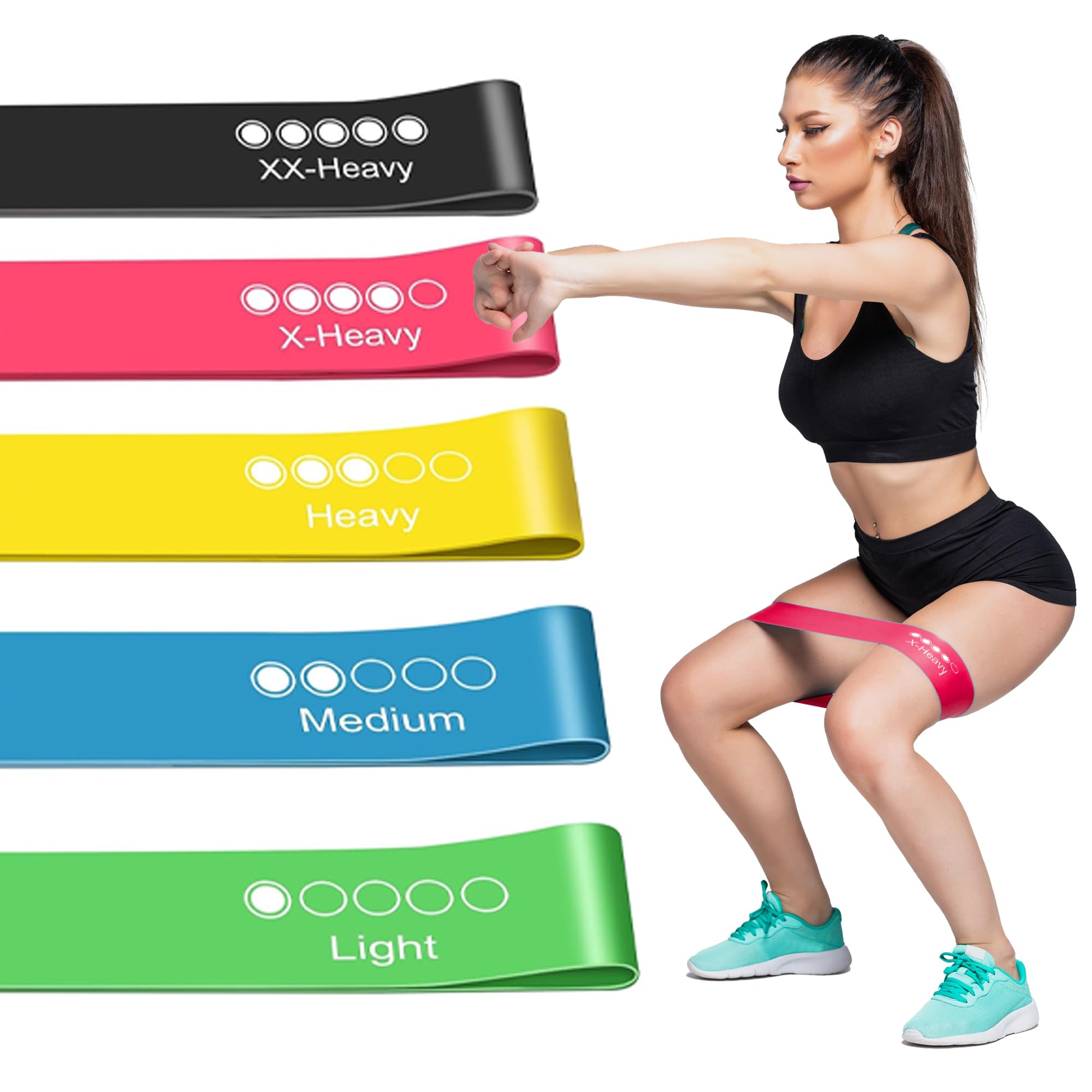 Active 100 Resistance Bands Set of 5 – Skin-Friendly Exercise Bands for Men & Women, 5 Resistance Levels for Legs, Glutes, Arms, Pilates, Home Gym & Yoga Workouts