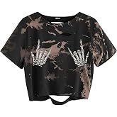 vblane Graphic Oversized Crop Tops for Women Loose Cropped Distressed Tshirt Short-Sleeve Vintage Boxy Tee Shirts