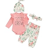 Madjtlqy Newborn Baby Girl Fall Winter Clothes Long Sleeve Ribbed Romper Top Bow Pants Headband Hat Set Coming Home Outfits