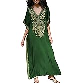 ZSWDXX Women V Neck Embroidery Kaftan Dress Loose Casual Beach Cover Up Long Caftans Maxi Dresses