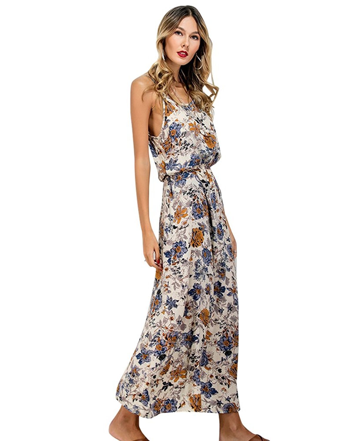 CHIC DIARY Women\'s Spaghetti Strap Bohemian Floral Print Maxi Dress Sundress (M, 1 Print on Apricot Background)