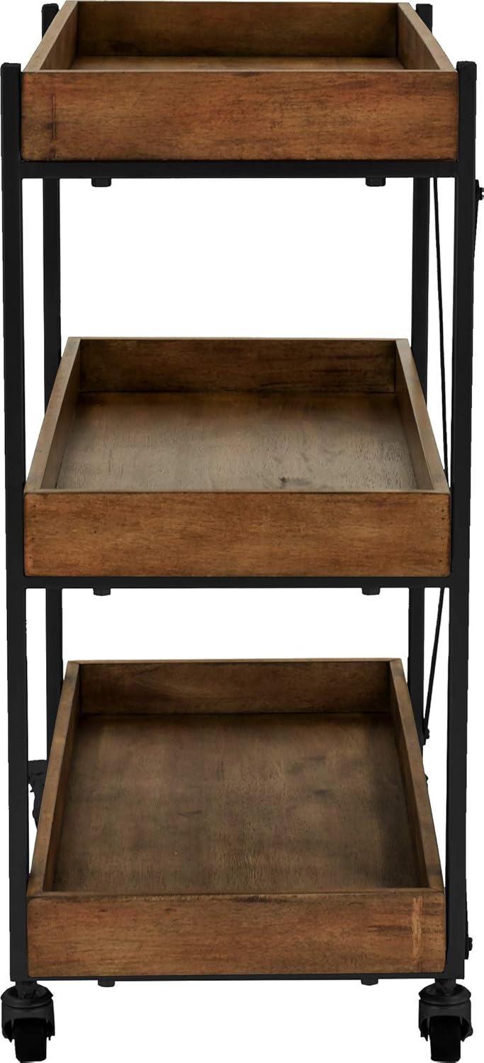 Adore Decor Riley Modern Rustic Rolling Bar Cart with Wheels, 32 Inch Height, Kitchen Organizer Utility, Wood, Matte Black Metal Finish - Kitchen Islands & Carts