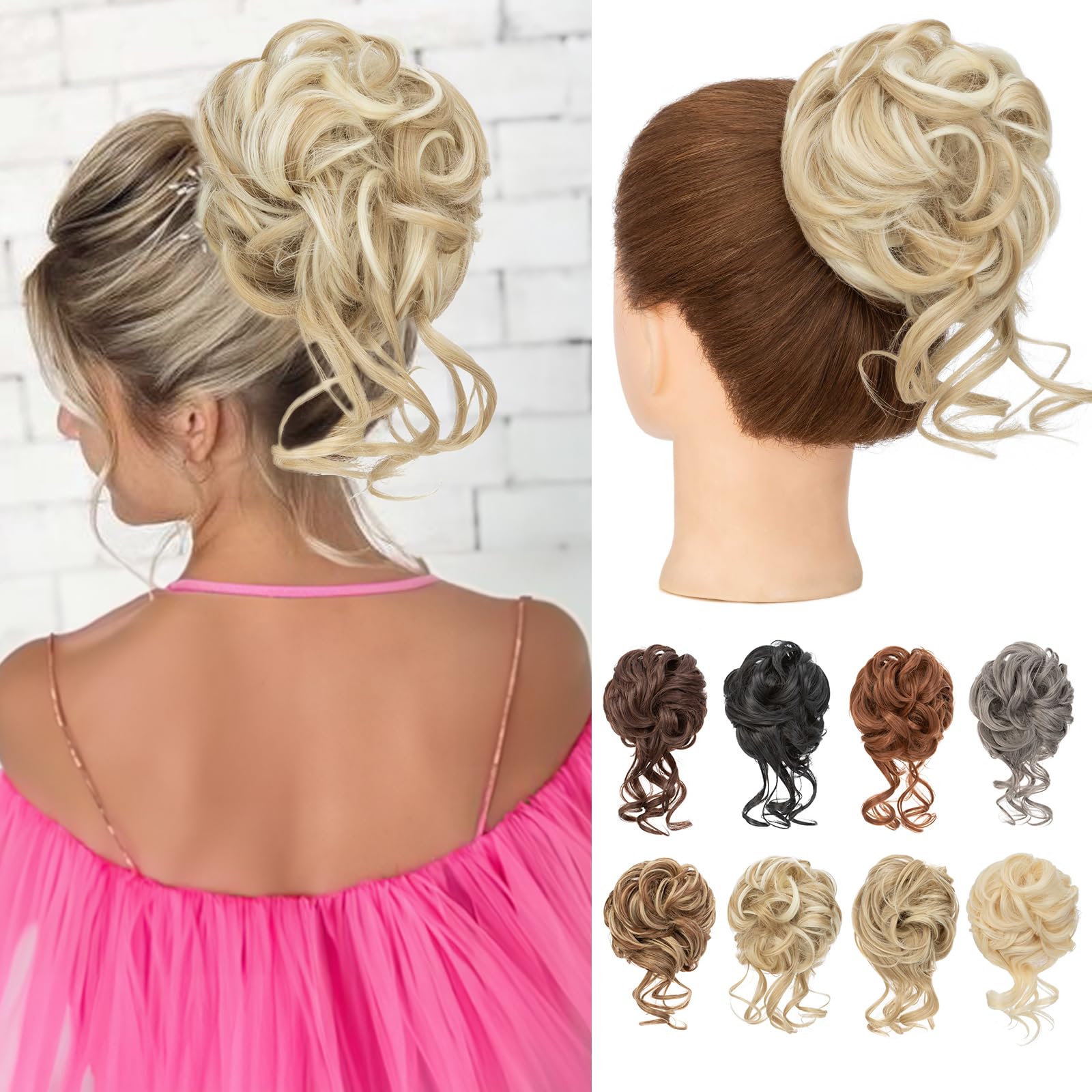 Benehair Messy Bun Hair Piece Wavy Curly Claw Clip Hair Bun Extensions Synthetic Hair Bun Donut Accessories Scrunchies Hair Pieces for Women(Light Brown mix Ash Blonde, 75g)