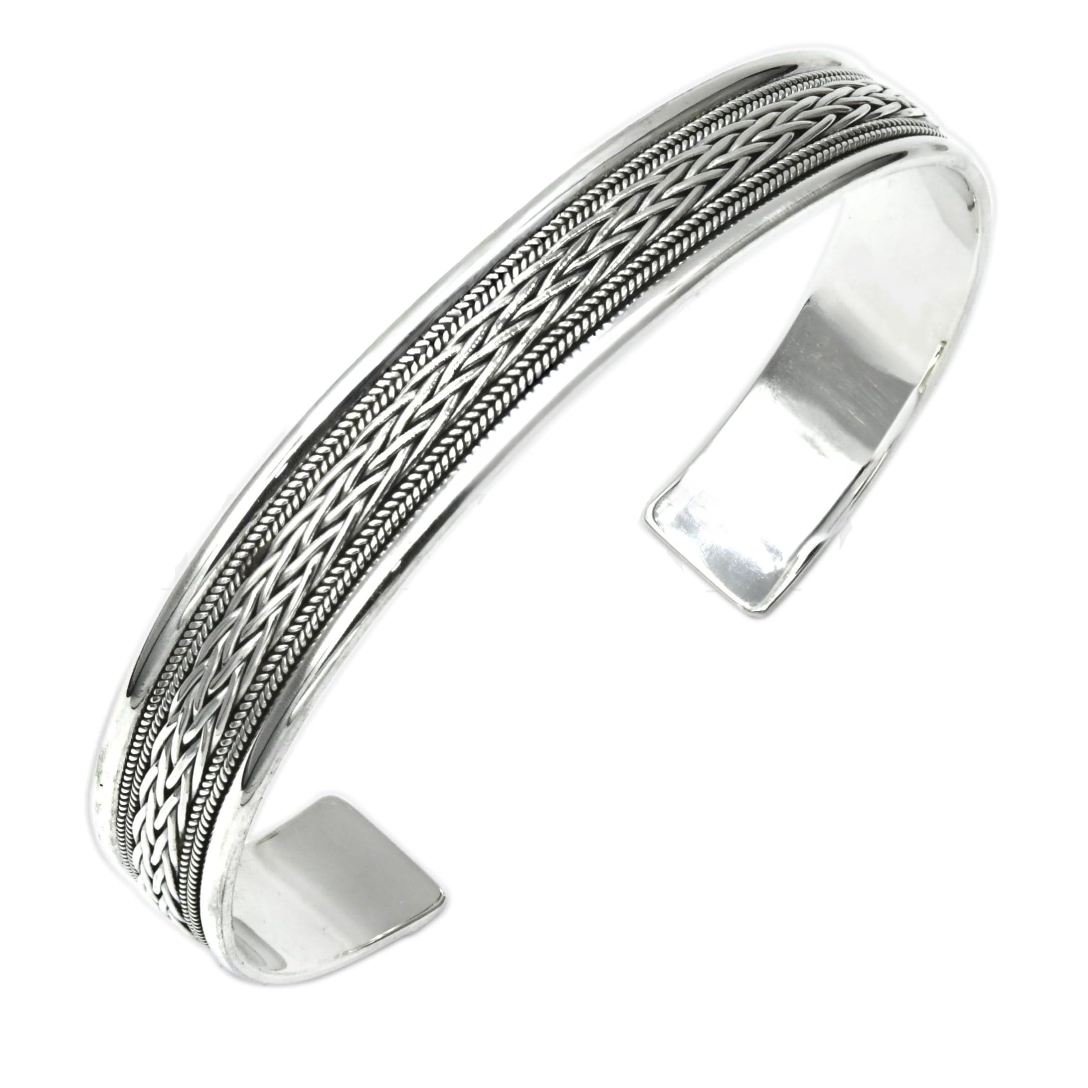 Treasure Bay Mens Womens Silver Bangle Bracelet - Solid 925 Sterling Silver Braided Bangle for Men Adjustable size