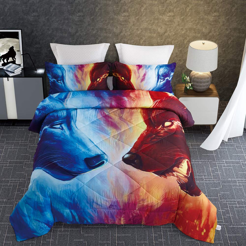 Kids Furniture Decor Storage Full Size Decmay Fire And Ice Wolf Comforter Set 3 Pieces Blue And Orange Flame Bedding 1 Duvet With 2 Pillowcases Box Stitched Durable Quilt Set For