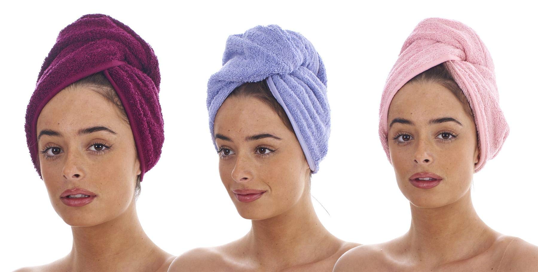 Keanu Pack of 3 Luxury Hair Turban Towels, Hair Drying Towel with Loop and Button Fastener, 100% Cotton, 64 x 23cm - Berry, Lilac, Pink