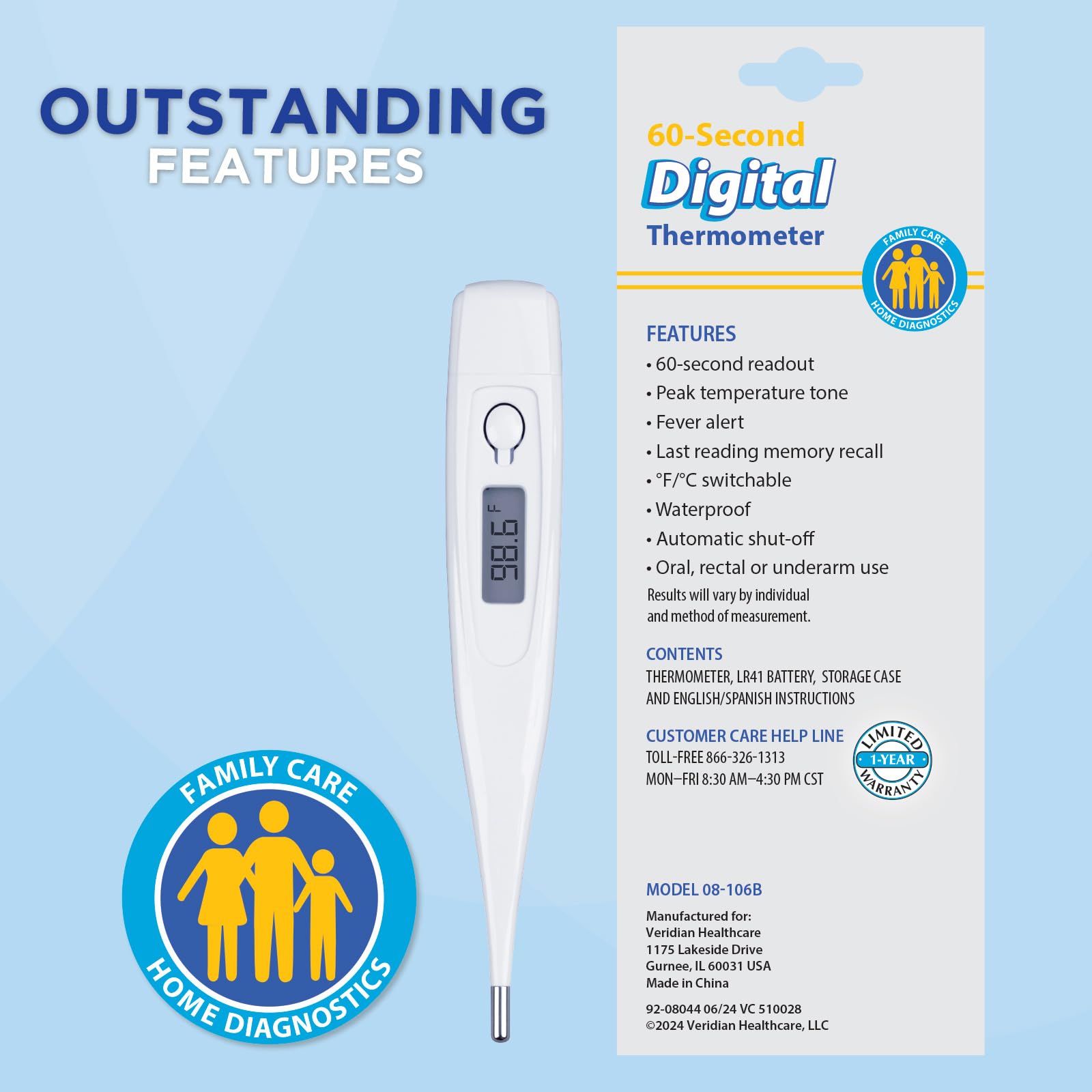 Veridian Digital Thermometer | 60-Second Readout | Fever Alert + Memory Recall| Clinical Rigid Tip | Hygienic Water-Resistant Easy Cleaning | Storage Case + Probe Covers Included