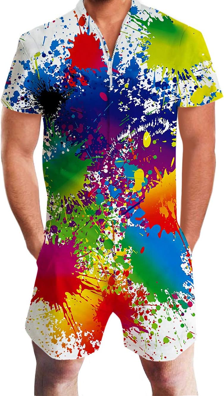 Jubestar Men's Romper Jumpsuit 3D Pattern One Piece Outfits Short Sleeve Zipper Overall with Pocket