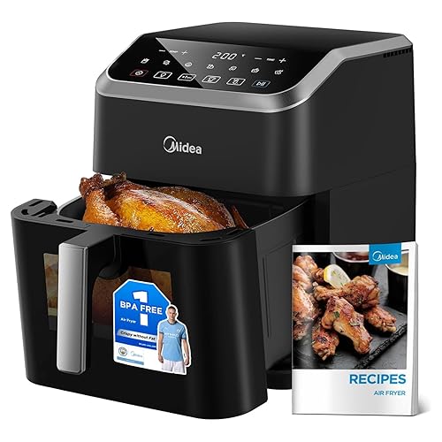 Midea Air Fryer with Window 7L, Rapid Air Technology, 90% Less Oil & Max Crisp, Energy Saving, 7-In-1 Presets, Non-Stick, Dishwasher Safe, Flexible Heating +1 Minute Button,1600W, Black/Silver