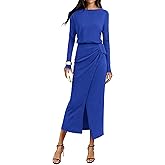 KIRUNDO Women’s Cocktail Wedding Guest Maxi Dress Lightweight Long Sleeve Boat Neck Knit Ruched Slit Slimming Dresses