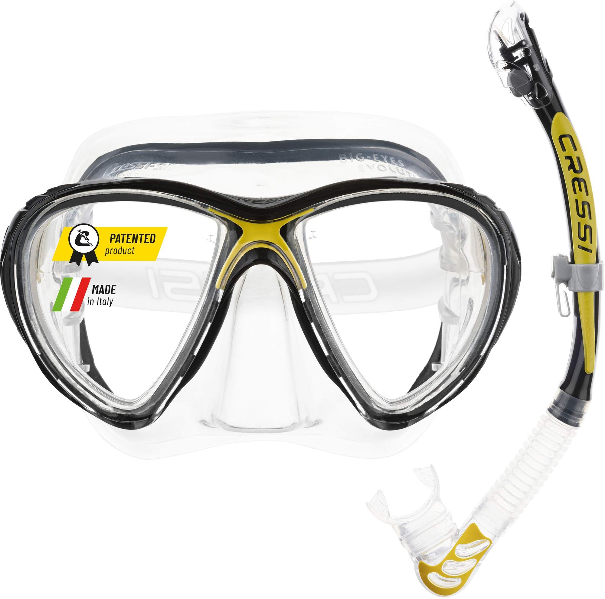 Cressi Big Eyes Evo & Alpha Ultra Dry Snorkel Set Adults - Silicone Snorkel Mask - Dry-Top Breathing Tube - Fit Diving Mask - Clear/Yellow - Combo Set