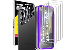 Milomdoi 4 Pack Screen protector For Samsung Galaxy S24 Plus 6.7 Inch with 4 Pack tempered Glass Camera Lens Protector, Ultra 9H Accessories, case Friendly, Mounting Frame, 2.5D Curved, Transparent