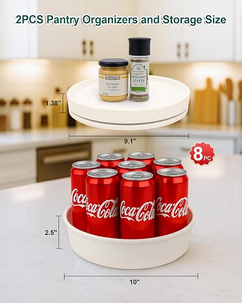PANTRY ORGANIZERS AND STORAGE, 1 SET OF 9.1 INCH LAZY SUSAN ORGANIZER AND 10 INCH KITCHEN ORGANIZERS AND STORAGE, STACKABLE KITCHEN PANTRY ORGANIZERS AND STORAGE FOR SPICE CANS VEGETABLE WHITE