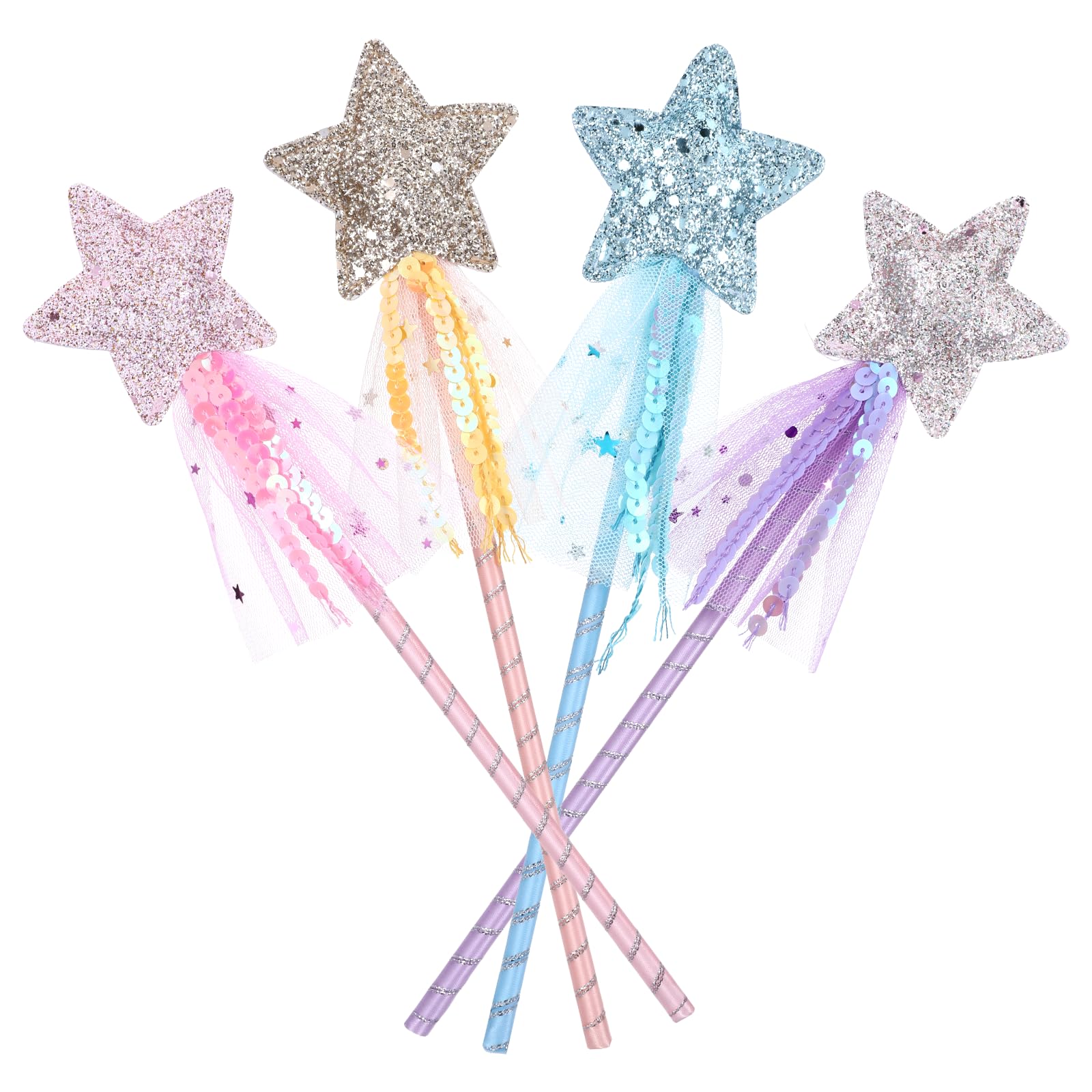 4Pcs Magic Wand,Princess Wand Glitter Fairy Wands Sparkle Star Wands Princess Accessories Fairy Kit Princesses Costume Role Play Props for Birthday Halloween Christmas Party(Pink Blue Purple Yellow)