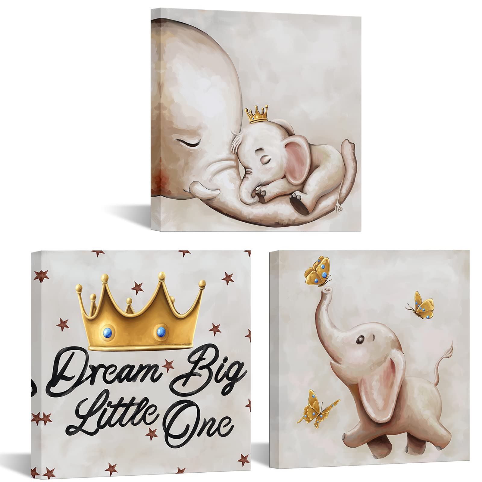 Visual Art Decor 3 Pieces Cute Little Elephant Dream Big Painting Canvas Wall Art Prints Animal Picture for Kids Bedroom Nursery Room Artwork,Framed 12inx12inx3Pieces