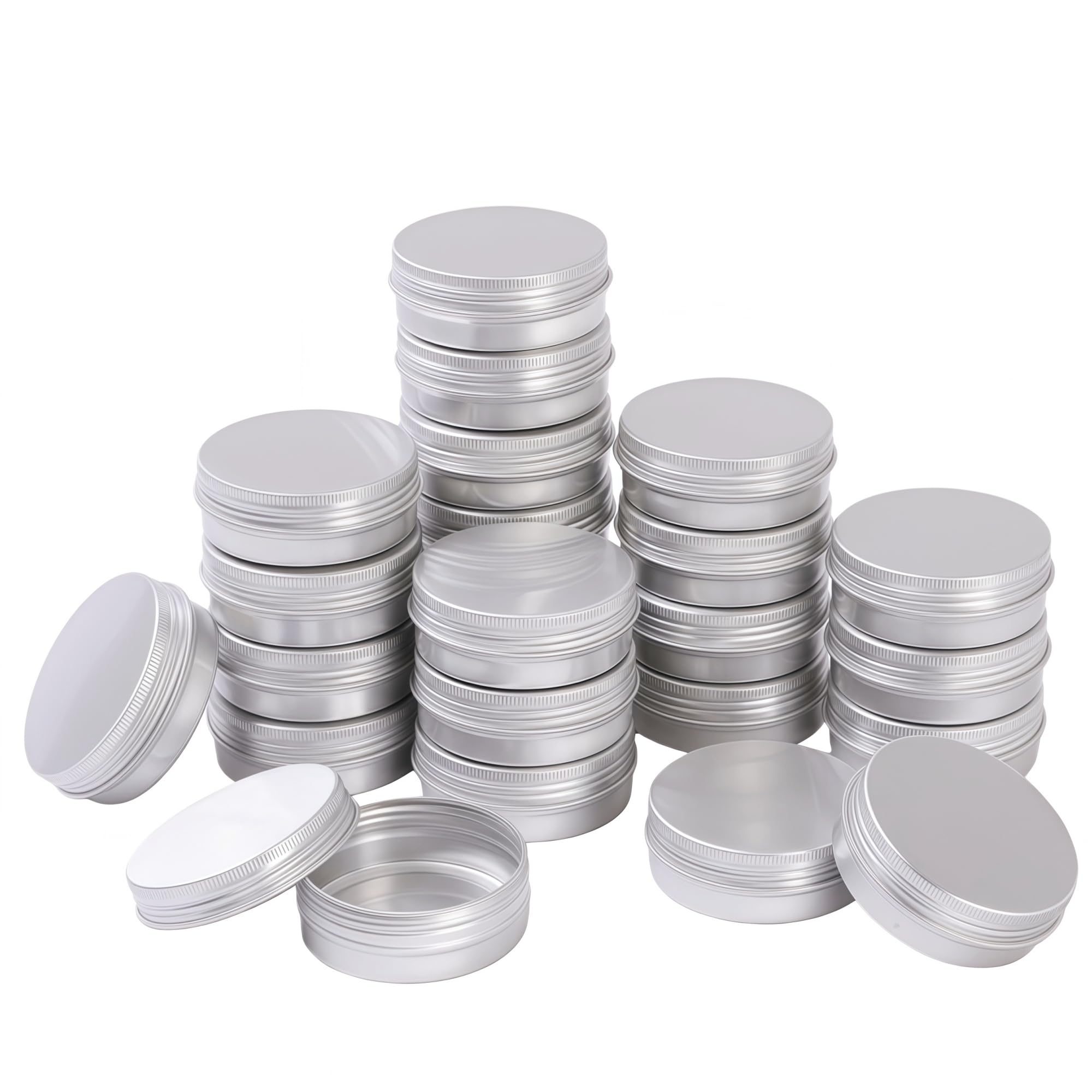 LJY 24 Pack Round Metal Tins with Screw Lids 6.7 x 2.5 cm - 2oz Aluminium Travel Containers for Toiletries, Lip Balm Making Kit, Candle Tins and Small Jars for Workshop Screw Storage (Silver)