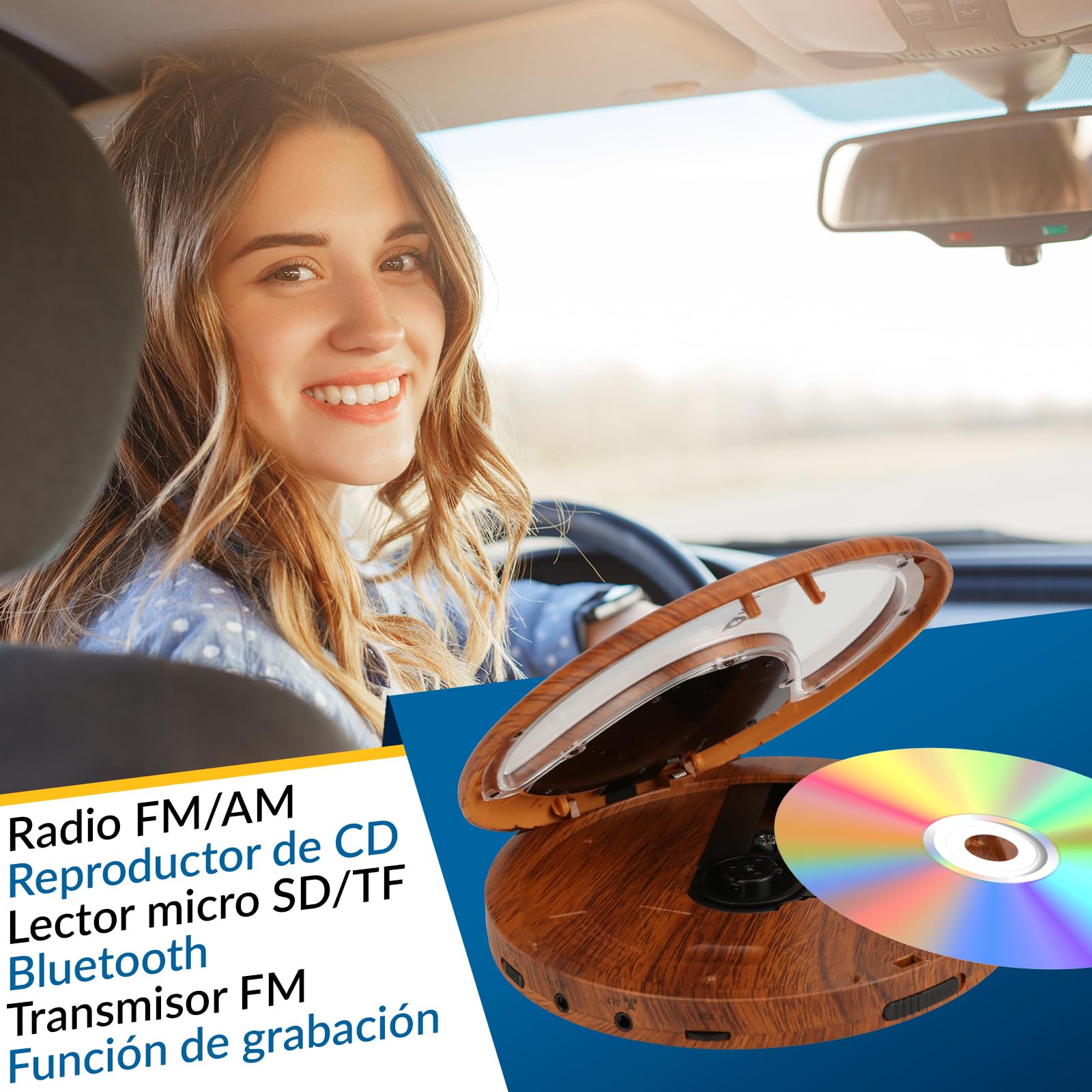 KLIM Discover Wood + Portable CD Player Walkman with Long-Lasting Battery + New + with Headphones + Radio FM + MP3 CD Player Portable + SD Card, FM Transmitter, Bluetooth + Ideal for Cars
