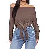 LovelyWholesale Womens Off The Shoulder Tops Tie Front Cropped Sexy Long Sleeve Shirts