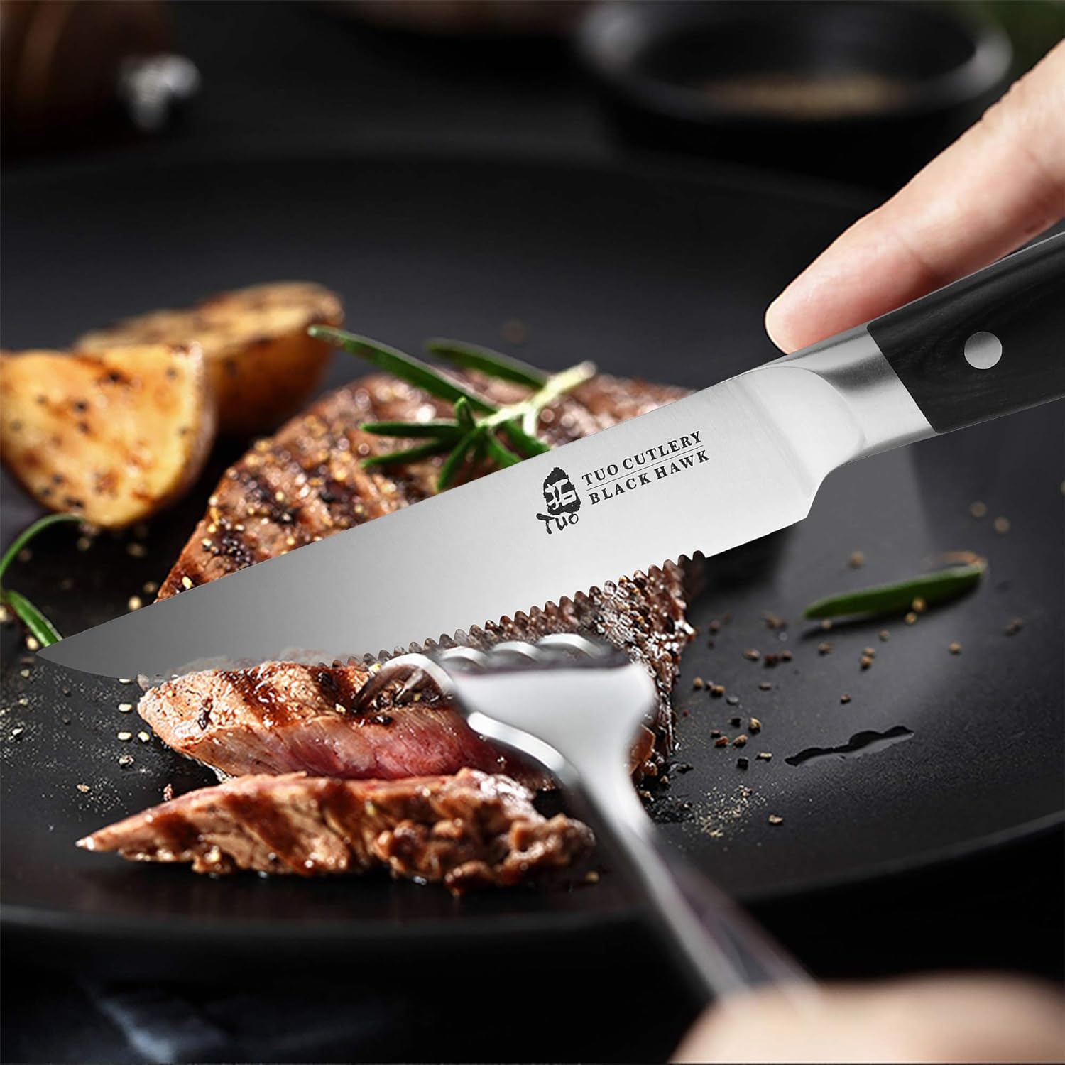 TUO Serrated Steak Knife - 5 inch Professional Kitchen Steak Knife Set 4 - Table Dinner Knife - German HC Stainless Steel Non Slip Pakkawood Handle - BLACK HAWK SERIES Including Gift Box: Kitchen & Dining