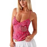 Burtell Women Y2K Floral Sequin Tank Tops V Neck Sleeveless Sparkle Criss Cross Halter Top Rhinestone Open Back Crop Cami Top