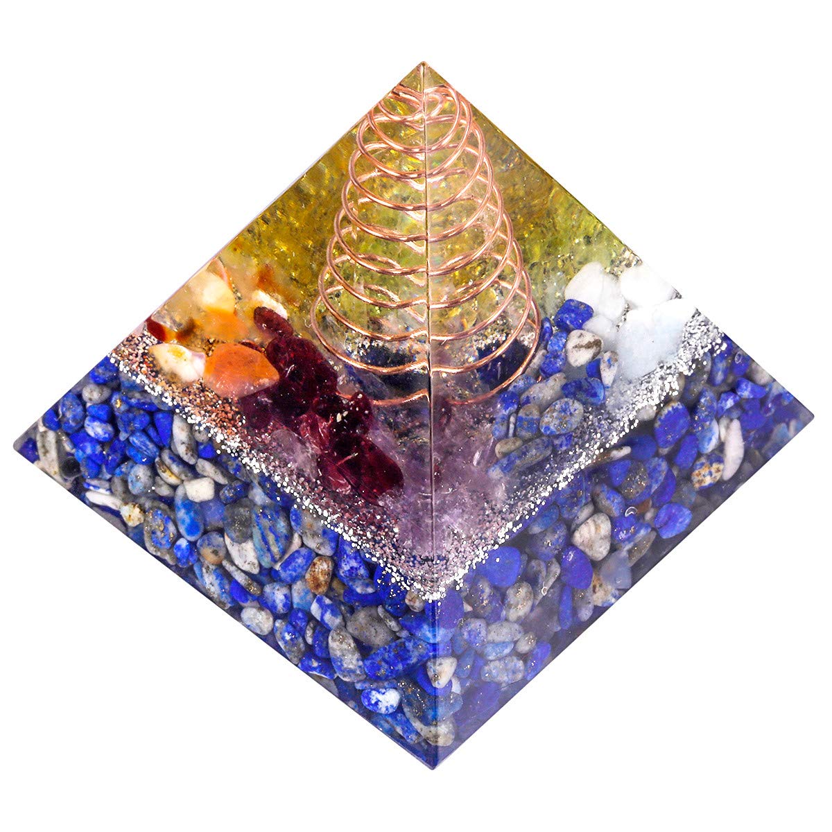 mookaitedecor Natural Lapis Lazuli Chakra Crystal Pyramid Aesthetic Room Desk Decor, 5cm Small Copper Resin Colourful Quartz Stone Pyramid Spiritual Chakra Crystal Gift for Reiki Chakra Balancing