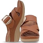 YOKI IRENA Wedge Sandals For Women With Crisscross Strap And Buckle - Open Toe Sandal With Cushioned Footbed & Womens Sandals Comfortable Dressy (Cognac, Size 8)