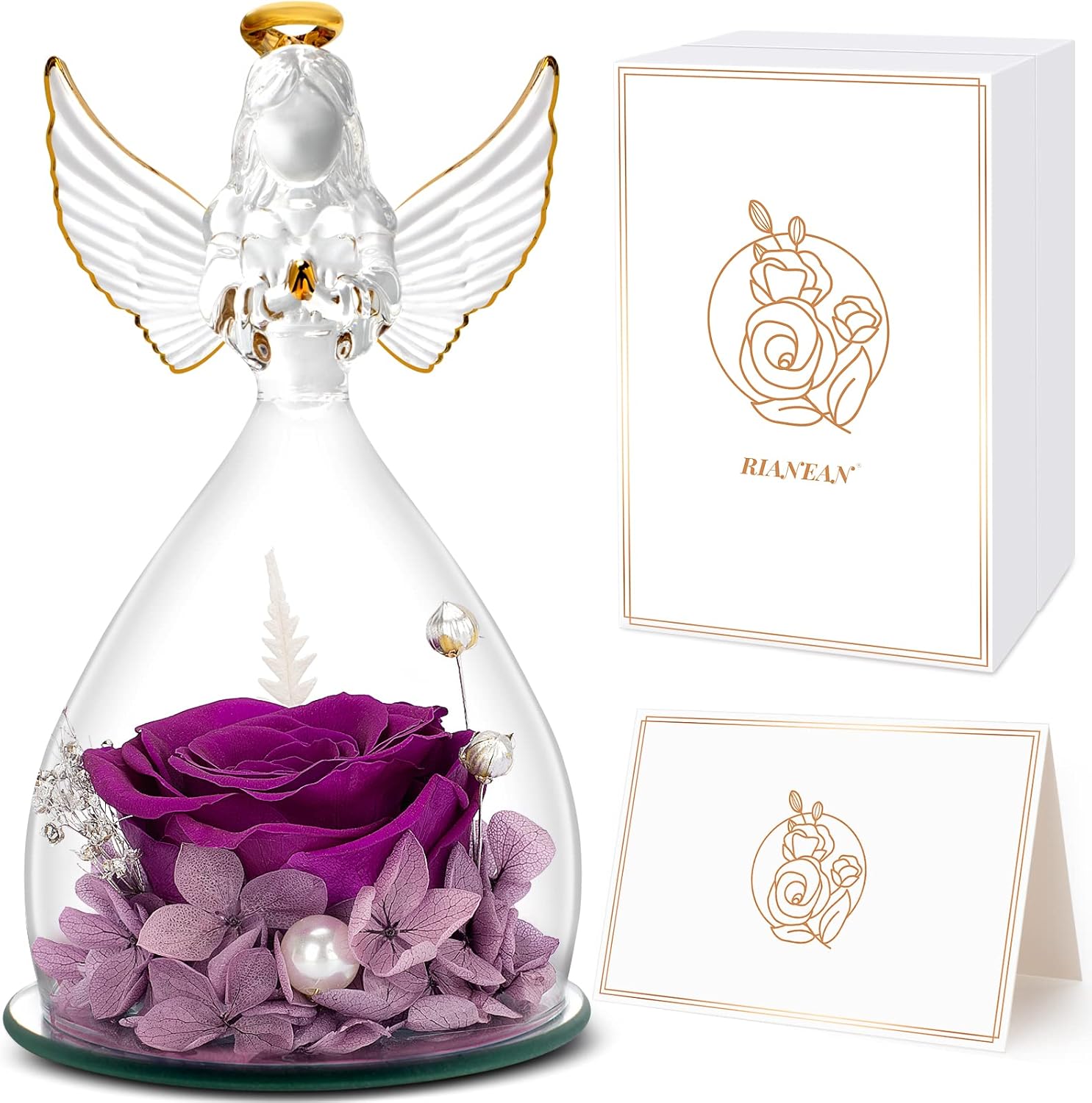 Dried & Preserved Flora - Preserved Rose Birthday Gifts for Women Mom Her Grandma Friend, Purple Real Roses Flowers in Angel Figurines Glass, Gift on Anniversary, Christmas, Mother's Day, Valentine's Day, Thanksgiving