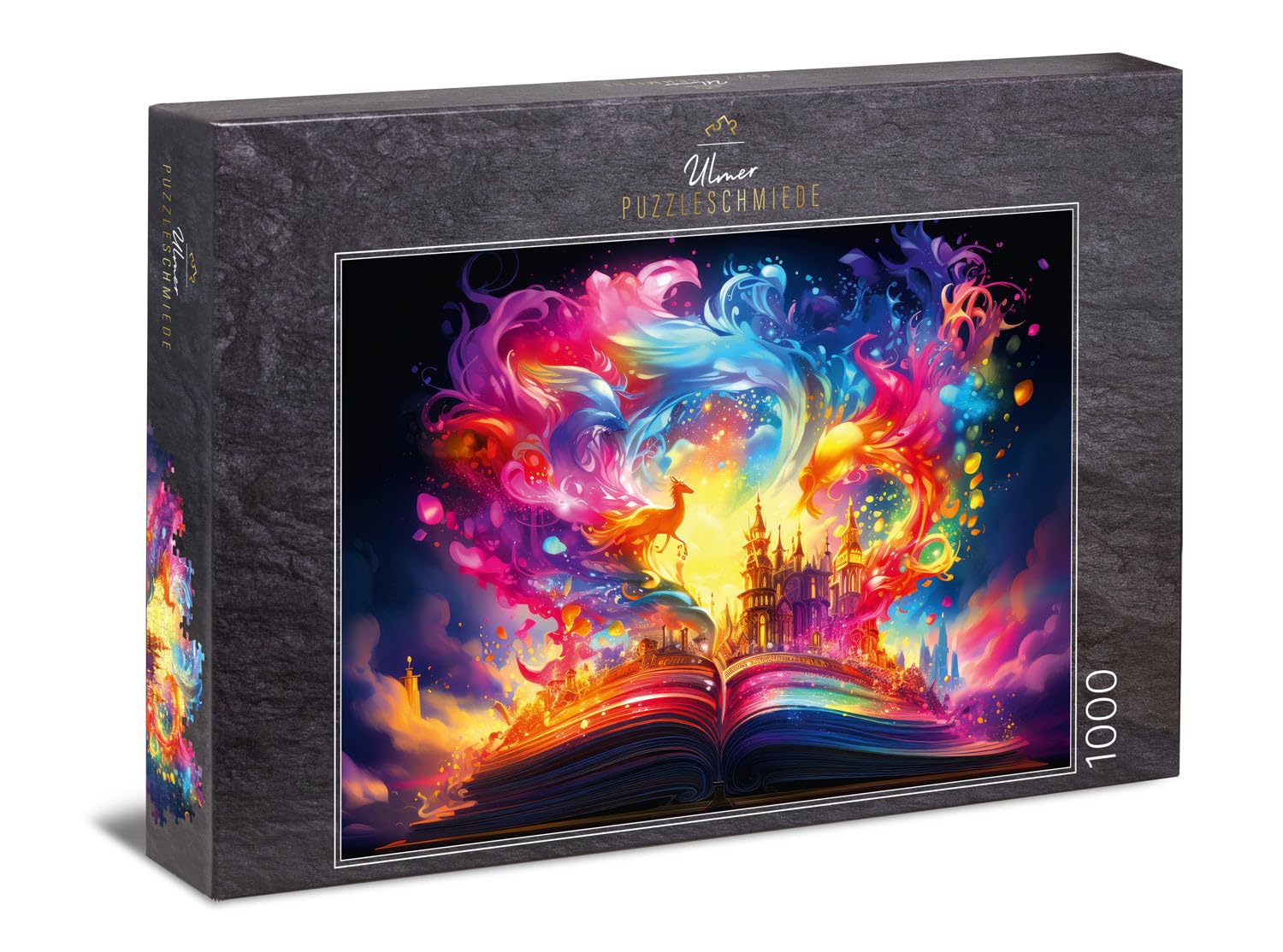 Ulmer Puzzleschmiede - 1000 piece jigsaw puzzle ‘Fairy Tale Book’ - luminous, magically staged puzzle with fairy tales and mythical creatures above the Book of Fantasy - quality made in Germany