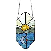 Sun and Moon Suncatchers Decor Stained Glass for Window Hangings,Handcrafted Tiffany Style Stained Glass Art Sun and Moon in The Sky for Living Room Bedroom Balcony (Blue&Yellow)