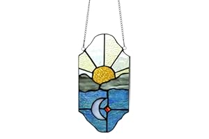 KARHUIMOYI Sun and Moon Suncatchers Decor Stained Glass for Window Hangings,Handcrafted Tiffany Style Stained Glass Art Sun and Moon in The Sky for Living Room Bedroom Balcony (Blue&Yellow)