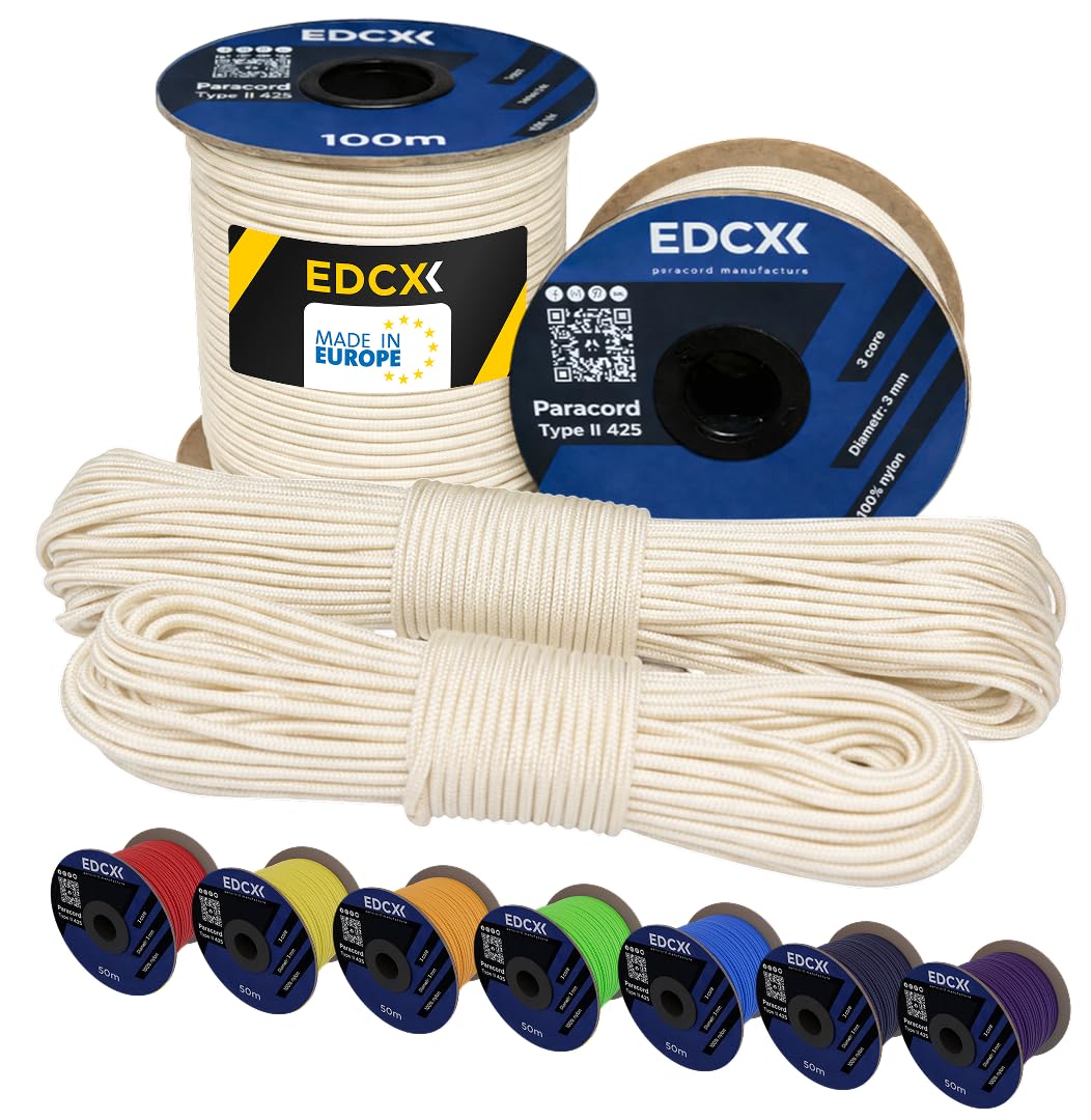 EdcX 3 mm Nylon Paracord 425 (15, 30, 50 and 100m) – 3 mm Type II, 100% Nylon Rope, 3 Strand Rope, 3 mm Nylon Rope in Many Colors (White, 30 m)