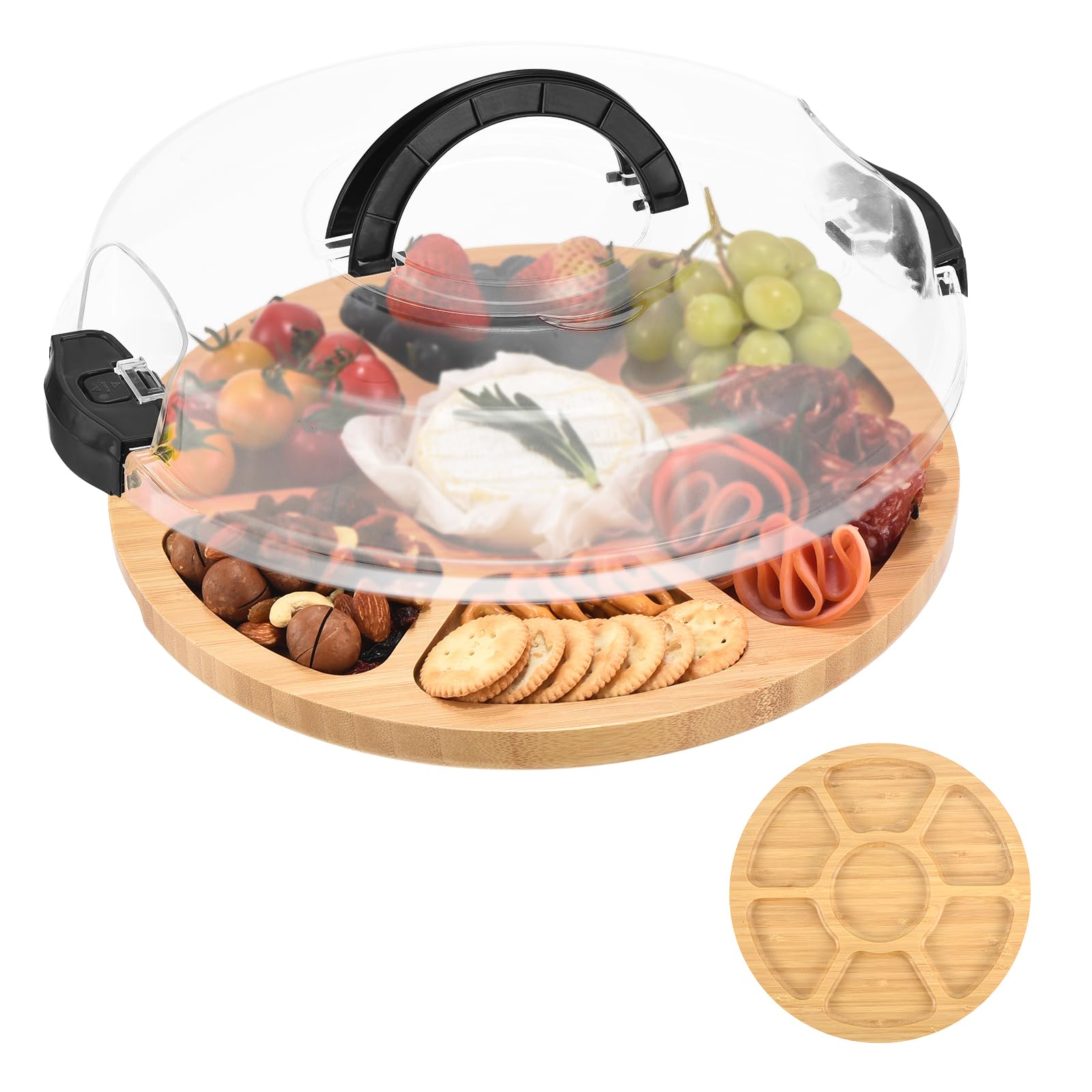 View 1 of ***lid cracked***GLOKUUCA Round Charcuterie Board with Lid and Handle - Portable Cheese Board for Travel,Bamboo Cutting Board for Kitchen,Gifts for House Warming, Bridal Shower (7 Compartment, Black)