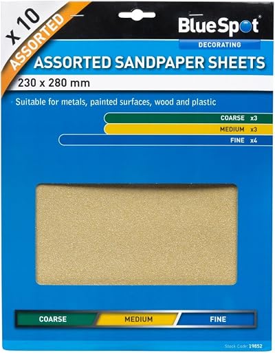 Blue Spot 19852 Assorted Sandpaper 10 Sheets 230x280mm Metal Wood Plastic