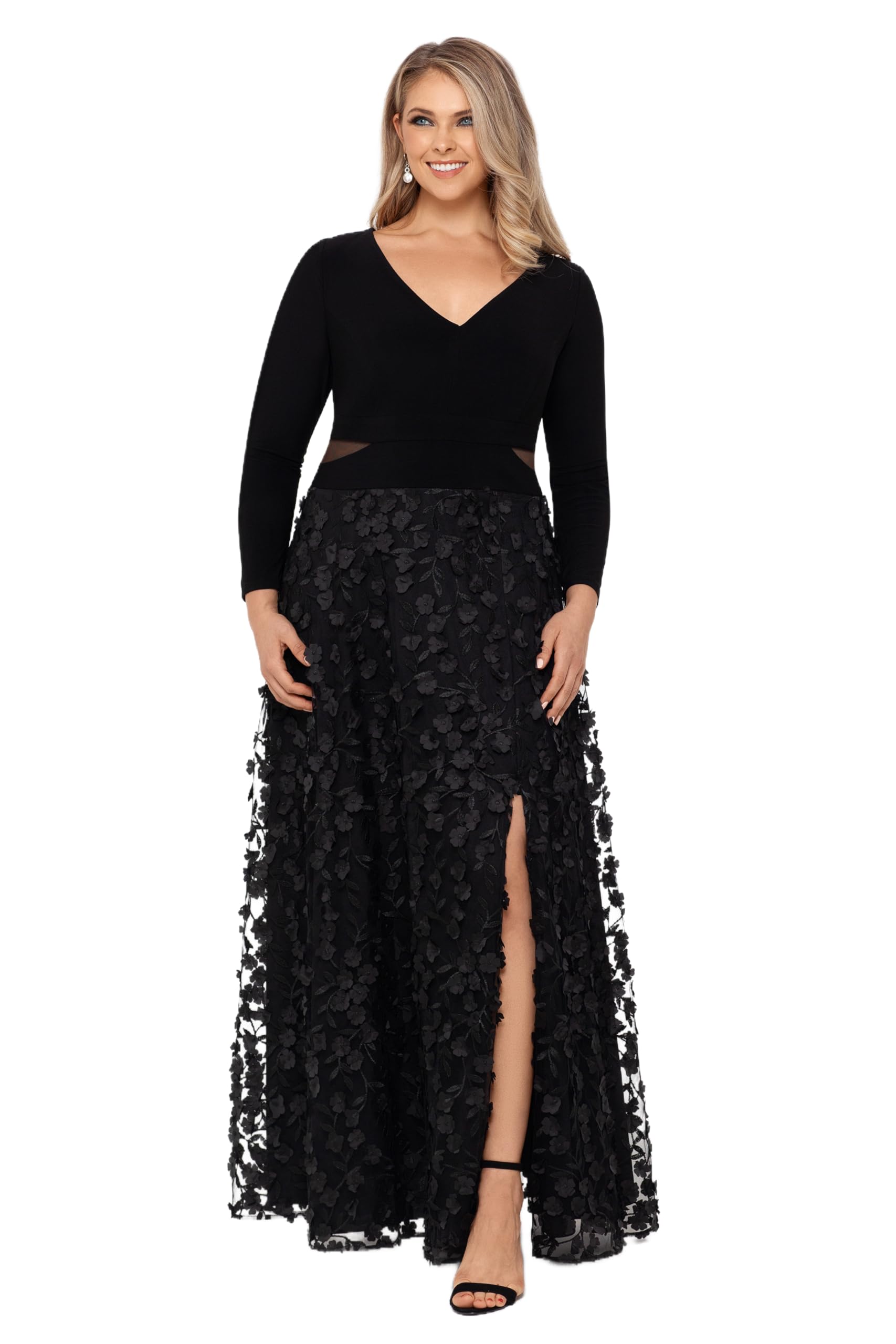 Photo 1 of Xscape Women's Plus Size Long Sleeve V-Neck Floral Skirted Dress, Black, 22W