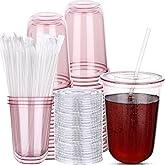 50 Sets Disposable Stemless Glasses with Flat Lids and Straws,PET Drinking Cups,Clear Plastic Coffee Cup for Iced Coffee, Smoothie, Cold Beverage, Drink Shop Christmas Party Supply (Pink, 16oz)