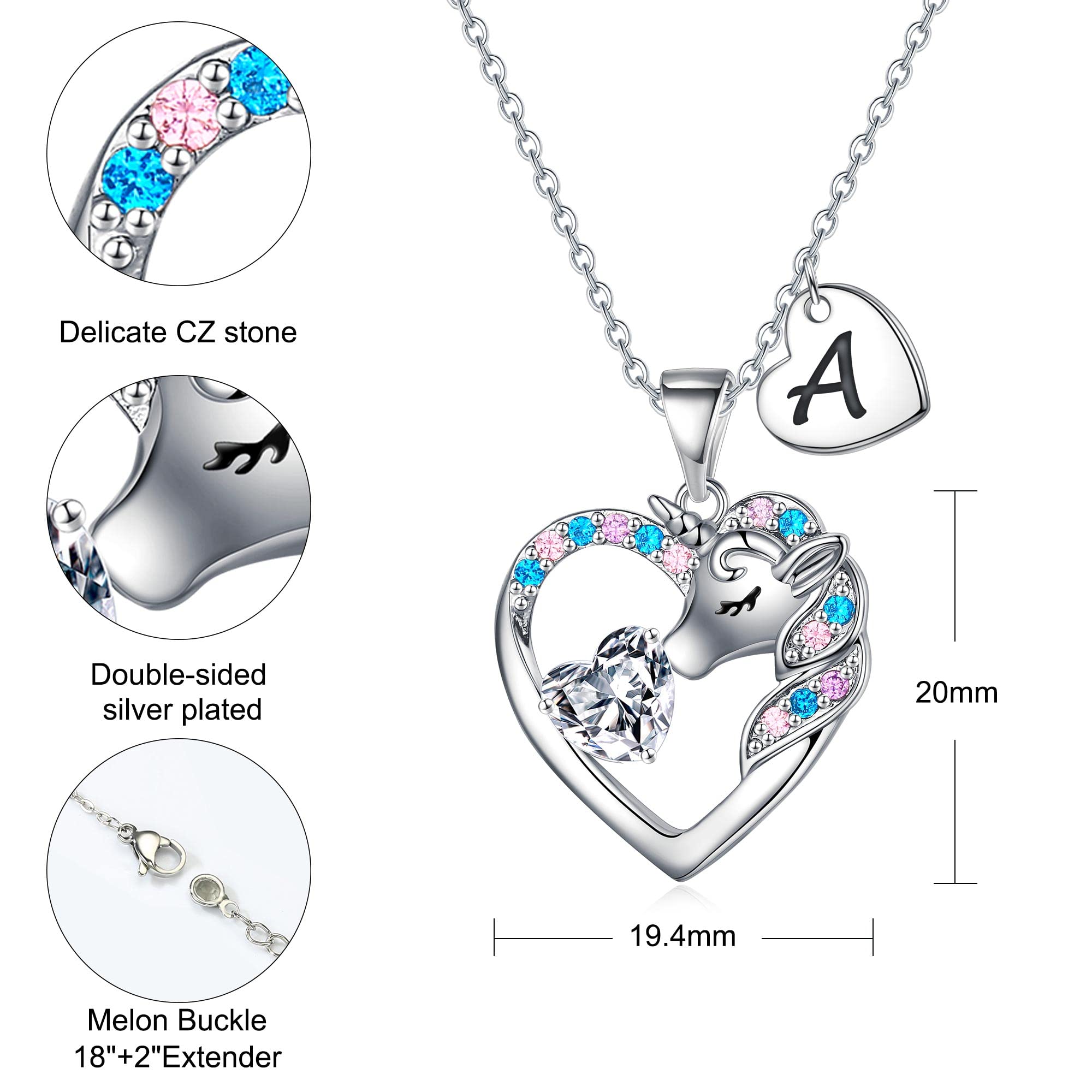 Unicorn Necklace Gifts for Girls Kids - Colorful CZ Heart Initial Necklaces Unicorn Necklace for Girls Jewelry Birthday Gifts for Little Girl Kids