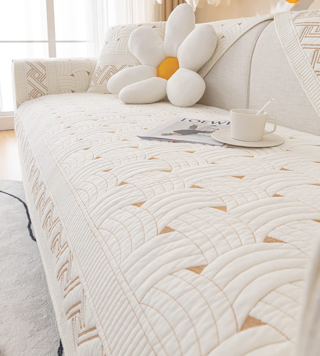 Photo 1 of vctops Solid Color Cotton Quilted Sofa Couch Cover Weave Pattern Soft Sectional Couch Covers Embroidery Non-Slip Sofa Slipcover for Dogs, Children, Pets Furniture Protector (Cream,43"x82")